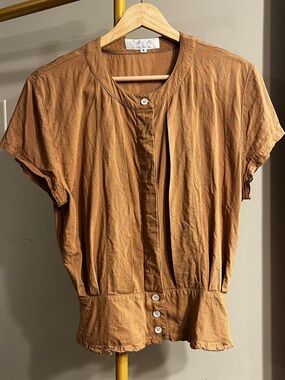 Rust Brown Button-Front Short Sleeve Blouse